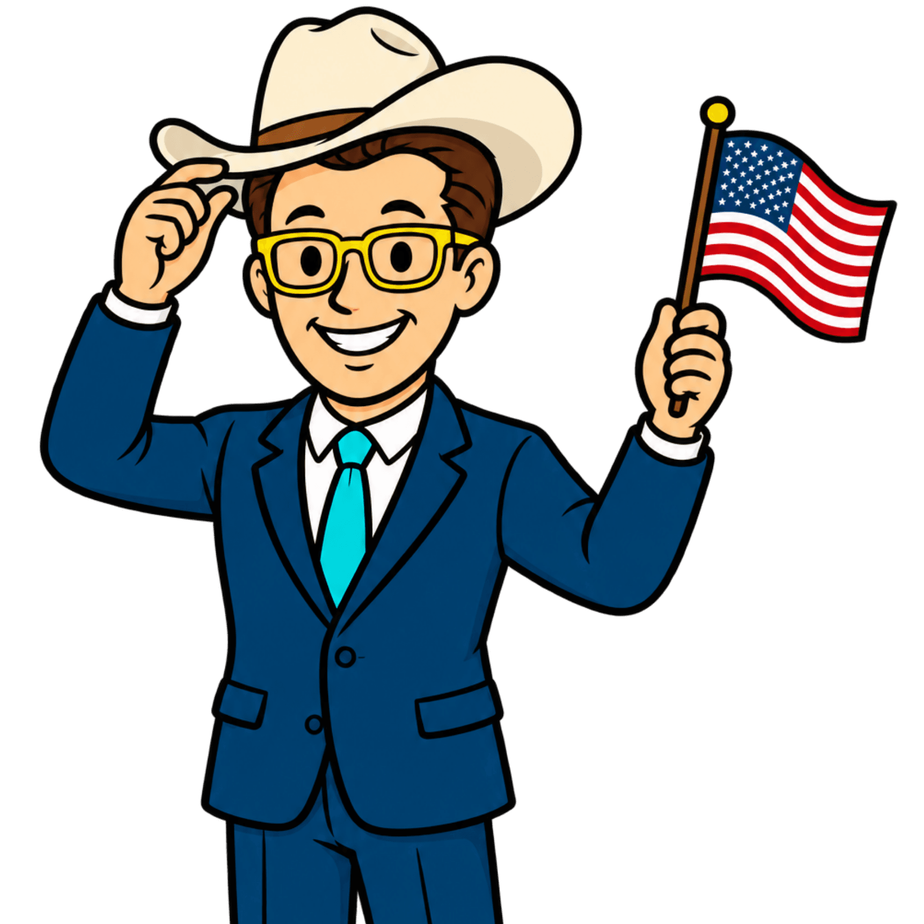 Roger dressed as an American cowboy and holding an American flag